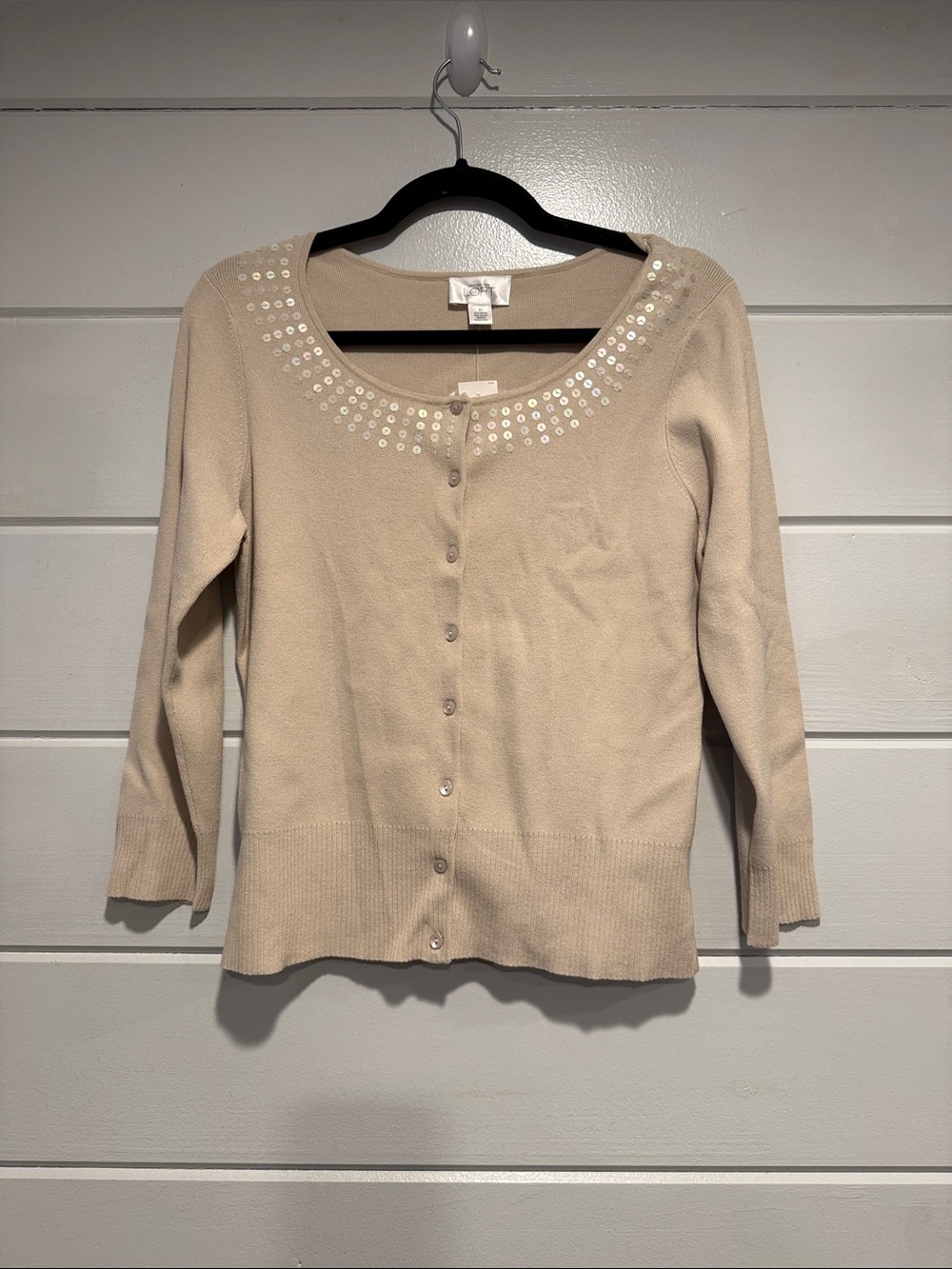 LOFT Cream Button-Front Cardigan with Sequin Neck. Size -Medium